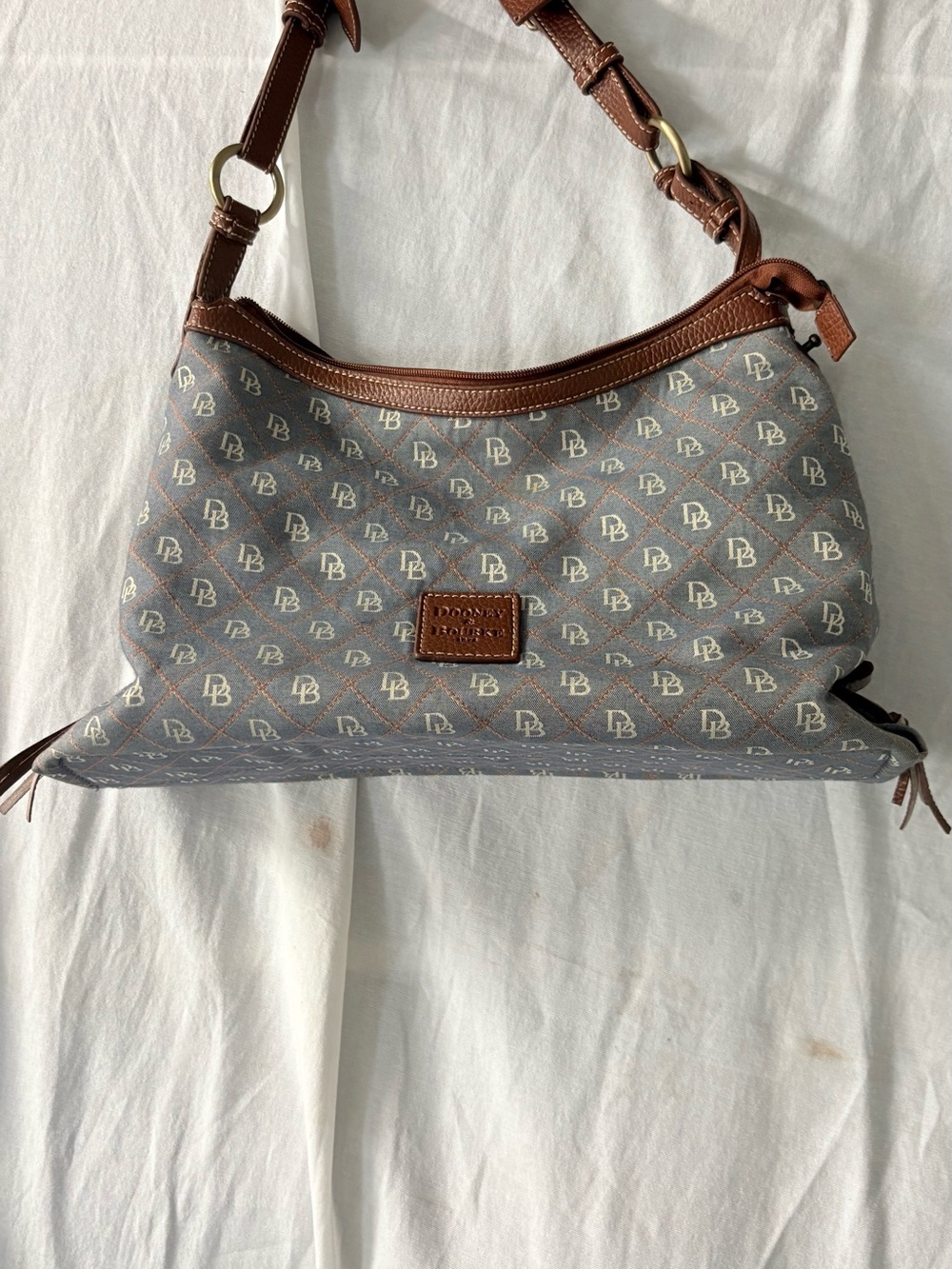 Dooney & Bourke Gray Signature DB Canvas Shoulder Bag with Brown Trim